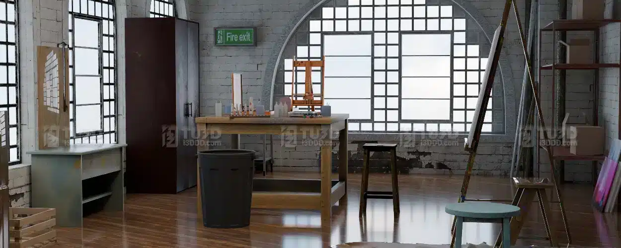 Blender 复古工业风艺术画室场景模型