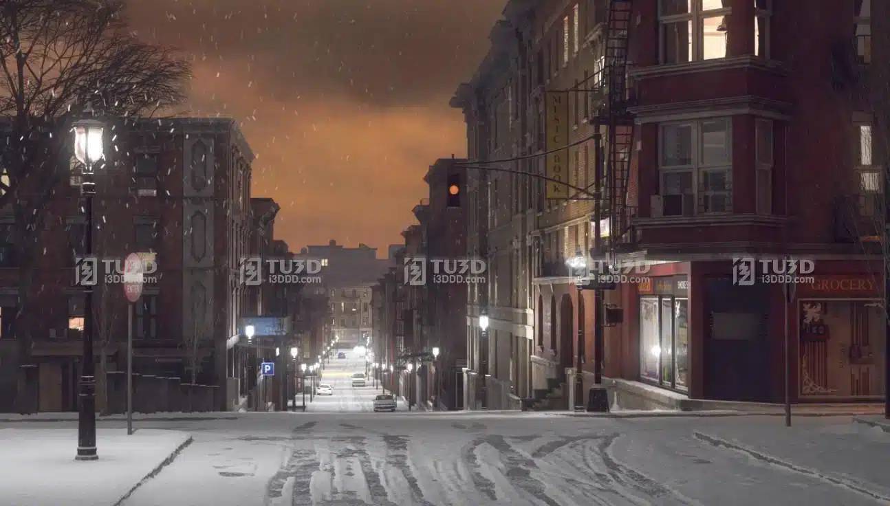 Blender雪景街道室外建筑场景工程