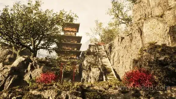 中式日古风高山高塔寺庙自动门带室内场景 Temple