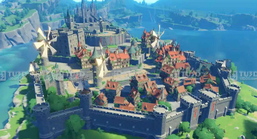 Blender原神蒙德中世纪主城卡通模型