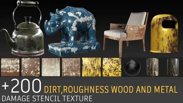 202 个木纹金属磨损贴图 – 202 Wood Metal Damage Stencils