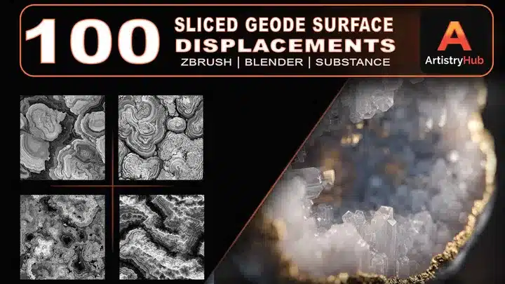 100 款晶洞表面置换贴图 4K 第一卷 – 100 Sliced Geode Surface Displacement Maps 4K Vol.1